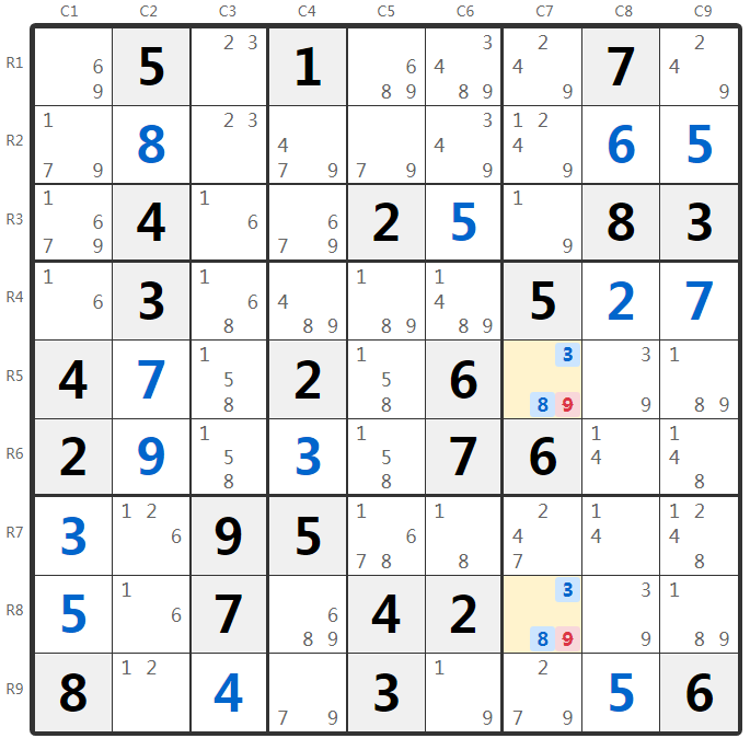數獨隱性數對示例-列分析