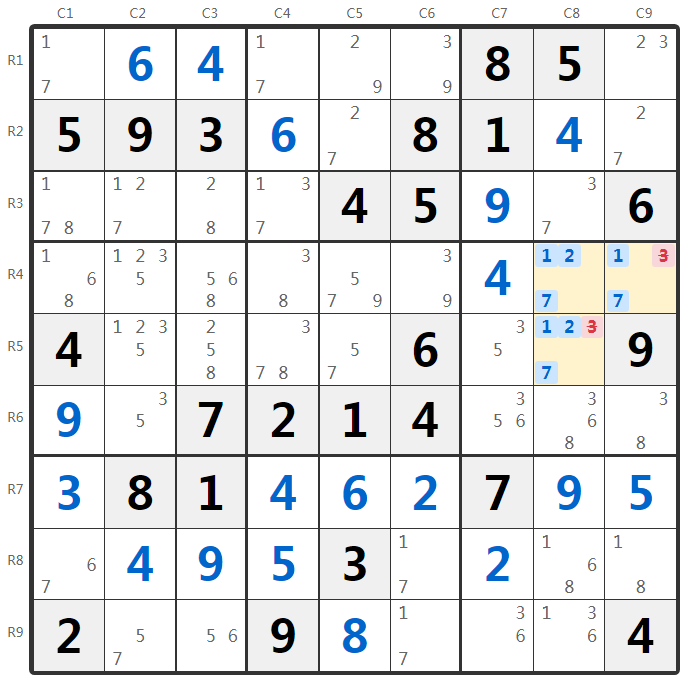數獨隱性三數組示例-宮分析