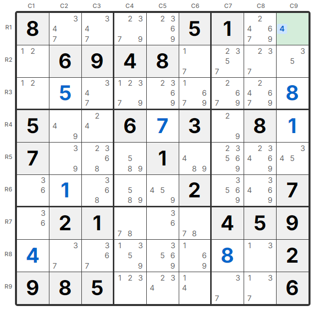 Naked Single 示例 - R1C9只有候選數4