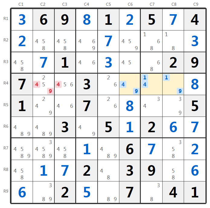數獨顯性三數組示例-行分析